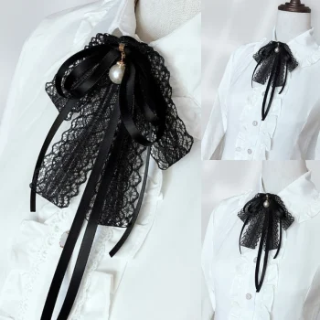 Elegant Black Lace Bow Tie Brooch with Pearl Pendant