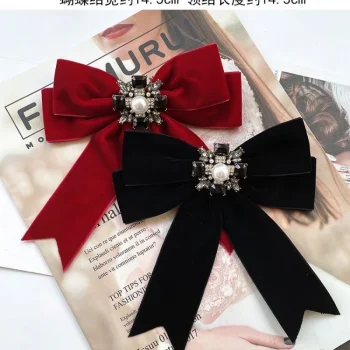 Elegant Velvet Bow Tie With Pearl & Rhinestone Accent