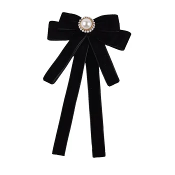 Elegant Velvet Bow Tie Brooch With Faux Pearl Decor