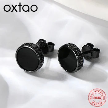 Black Agate Stud Earrings – 925 Silver Unisex