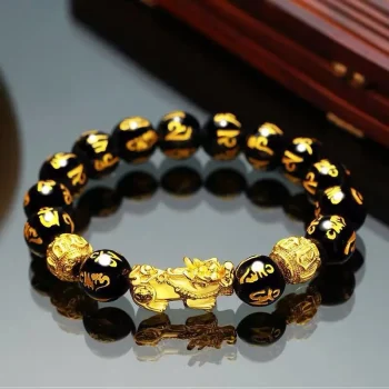 Pixiu Wealth Bracelet with gold-tone Feng Shui beads for luck and prosperity
