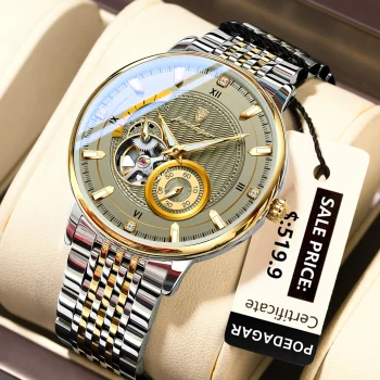 POEDAGAR luxury automatic watch with hollow tourbillon and stainless steel band for men