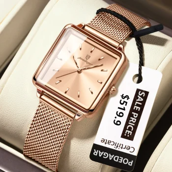 POEDAGAR square ladies watch with stainless steel mesh strap, waterproof quartz design, and elegant gift-ready packaging.