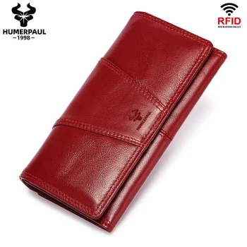 Red genuine leather RFID clutch wallets for women