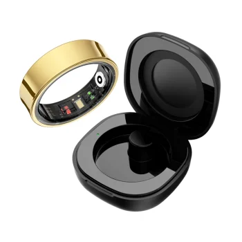 Smart ring with compact charging case, shown in multiple angles and colours. Sleek waterproof design, works with Android and iOS
