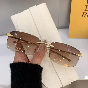 Stylish rimless rectangle sunglasses with tinted lenses and gold temples