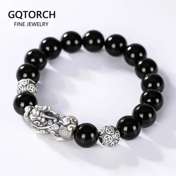 Authentic black obsidian bracelet with real 925 sterling silver Pixiu charm, ideal for Feng Shui wealth and energy protection