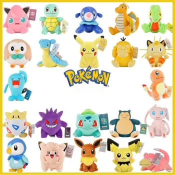 Various Pokemon plush toys including Pikachu, Eevee, Snorlax, Charmander, and more – soft and cuddly collectibles