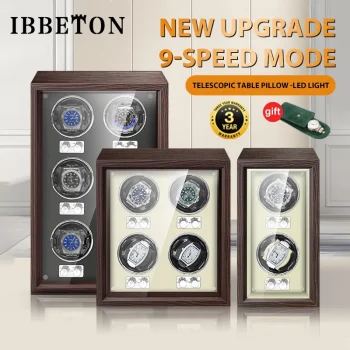 IBBETON luxury wooden watch winder box with LED light, lid sensor, and key unlock – stores and winds multiple watches
