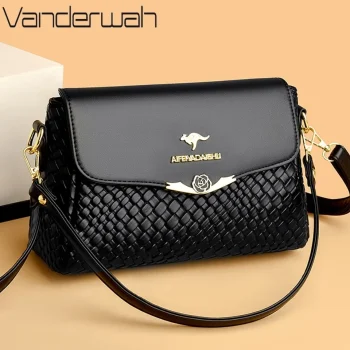 Elegant PU leather shoulder handbag with knitting texture and gold clasp, perfect for daily use