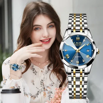LIGE Luxury Quartz Watch for Women with stainless steel strap, luminous dial, and free shipping to Singapore