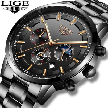 LIGE luxury men’s quartz watch with waterproof chronograph, date, and moonphase – free shipping to Singapore