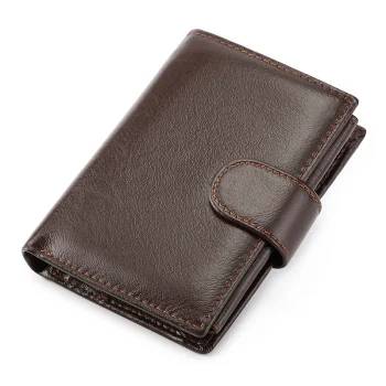 Compact genuine leather wallet for men with coin pocket, card slots, and money clip