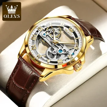 OLEVS automatic skeleton watch with leather strap, waterproof design, and free shipping to Singapore