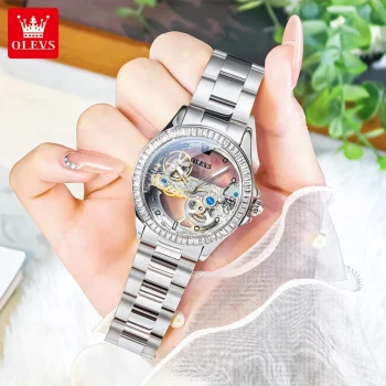 OLEVS Skeleton Automatic Watch for Women with automatic movement, openwork dial, and luminous hands – includes free shipping to Singapore