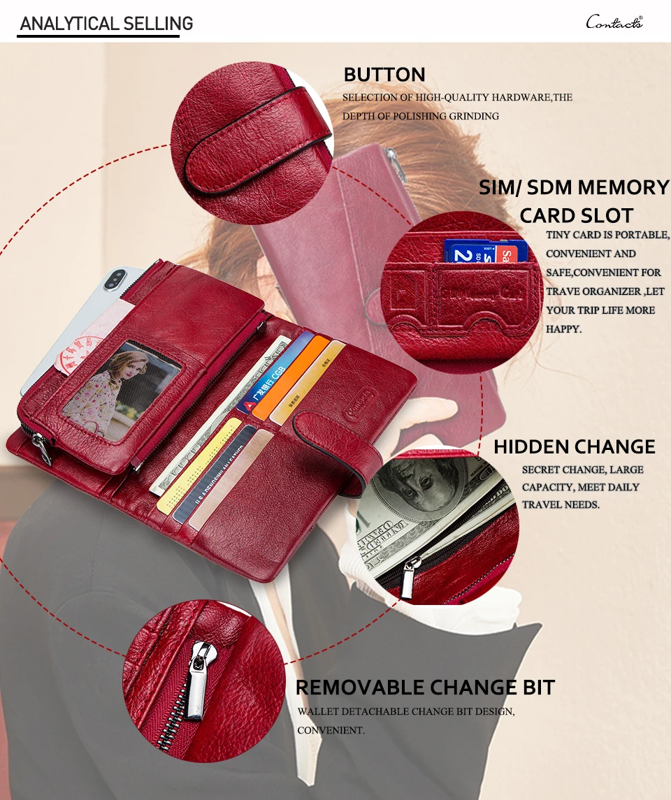 CONTACT'S 100% Genuine Leather Wallet Women Long Coin Purse Clutch Bag Name Engraving Card Holder Money Clip Handbag Men's Purse