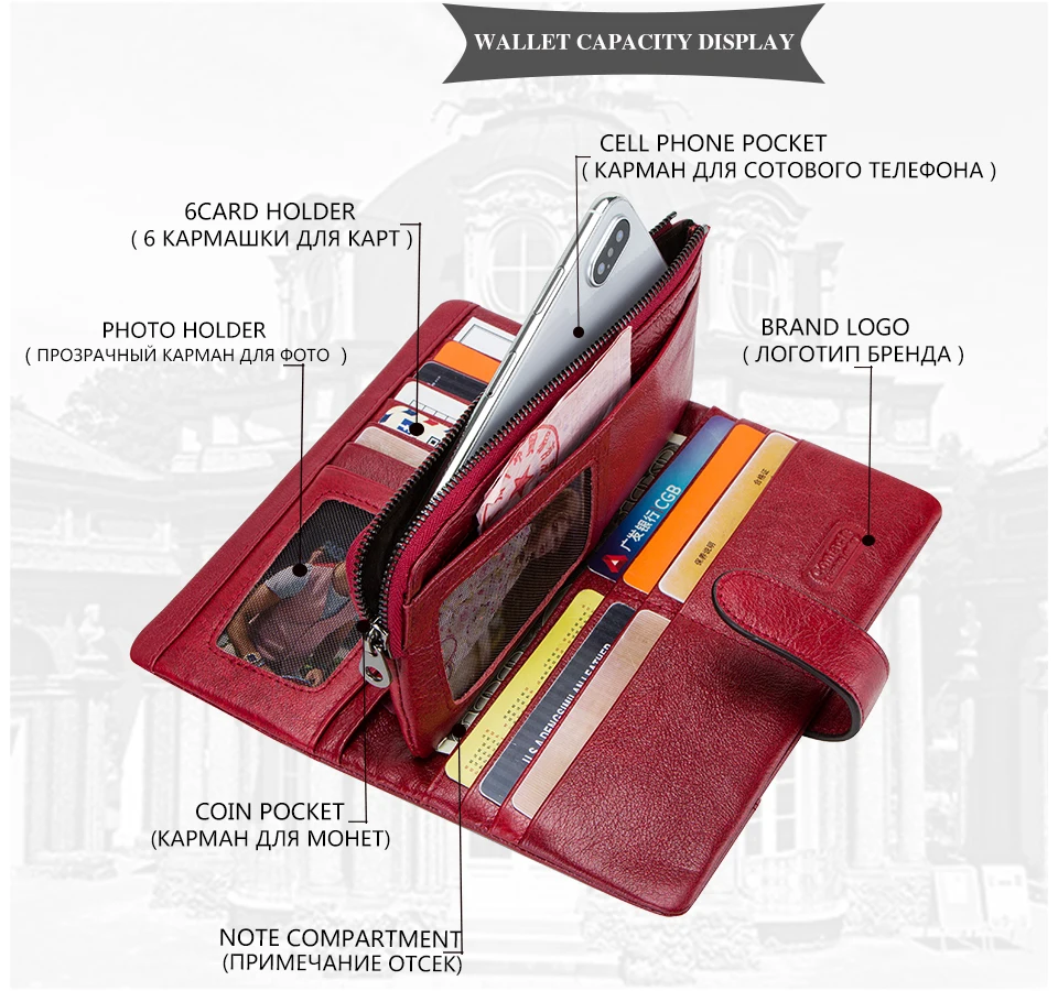 CONTACT'S 100% Genuine Leather Wallet Women Long Coin Purse Clutch Bag Name Engraving Card Holder Money Clip Handbag Men's Purse