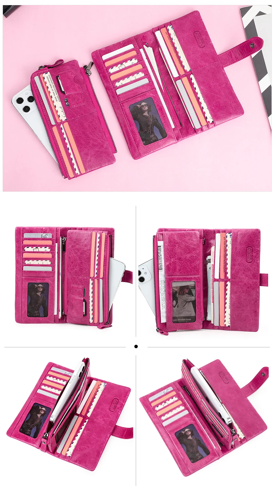 CONTACT'S 100% Genuine Leather Wallet Women Long Coin Purse Clutch Bag Name Engraving Card Holder Money Clip Handbag Men's Purse