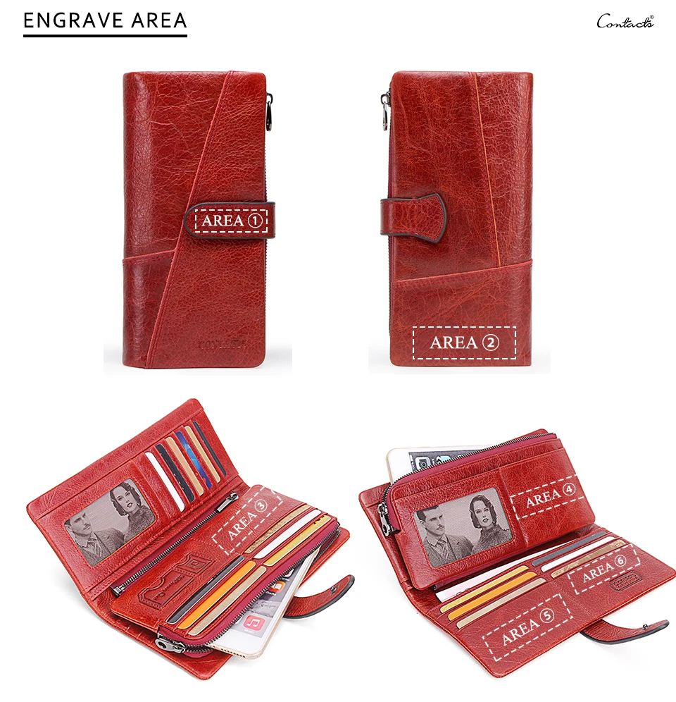 CONTACT'S 100% Genuine Leather Wallet Women Long Coin Purse Clutch Bag Name Engraving Card Holder Money Clip Handbag Men's Purse