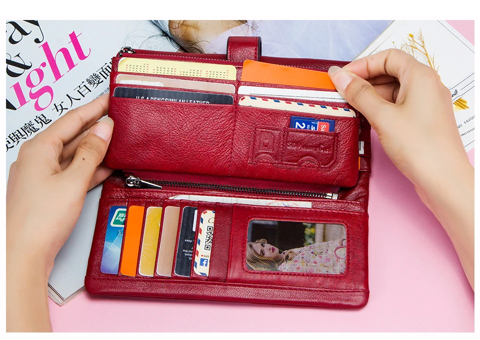 CONTACT'S 100% Genuine Leather Wallet Women Long Coin Purse Clutch Bag Name Engraving Card Holder Money Clip Handbag Men's Purse
