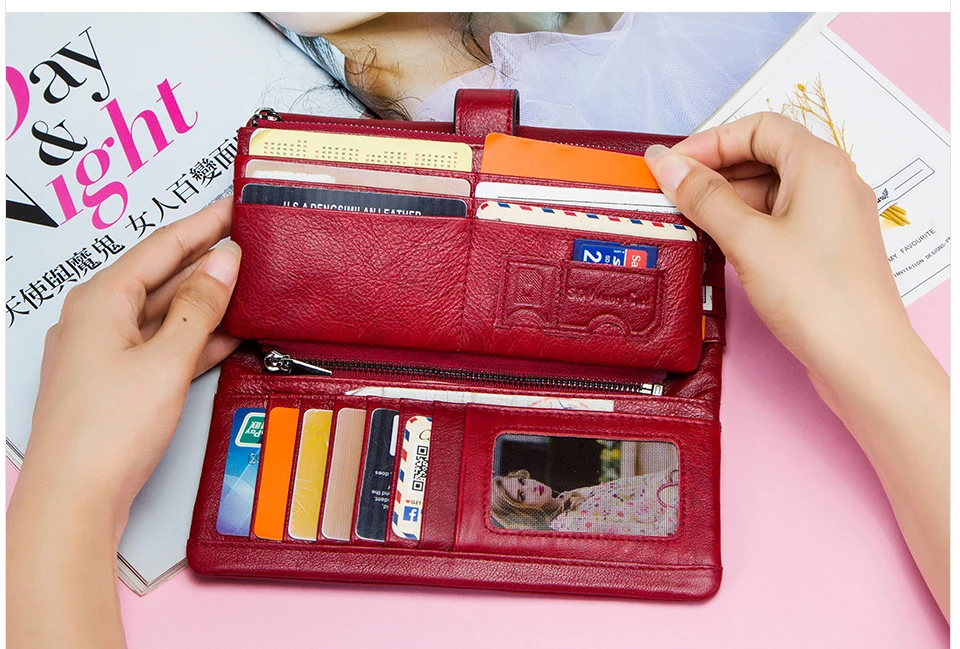 CONTACT'S 100% Genuine Leather Wallet Women Long Coin Purse Clutch Bag Name Engraving Card Holder Money Clip Handbag Men's Purse