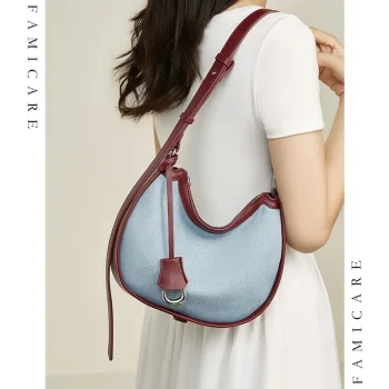 Half Moon Shoulder Bag – Denim, Genuine Leather