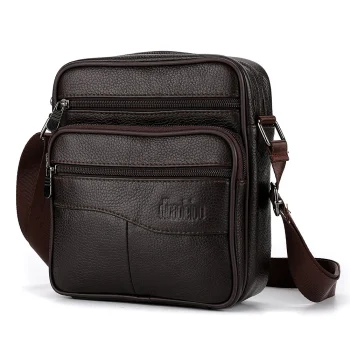 Genuine leather messenger bag for men with shoulder strap and zip compartments