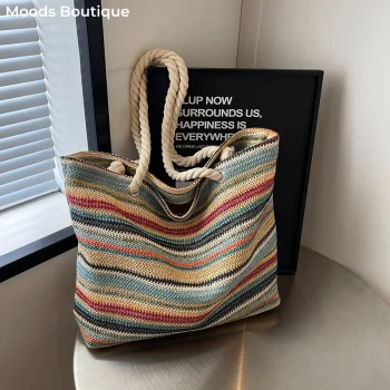 Straw Woven Shoulder Bag - Rainbow Colour