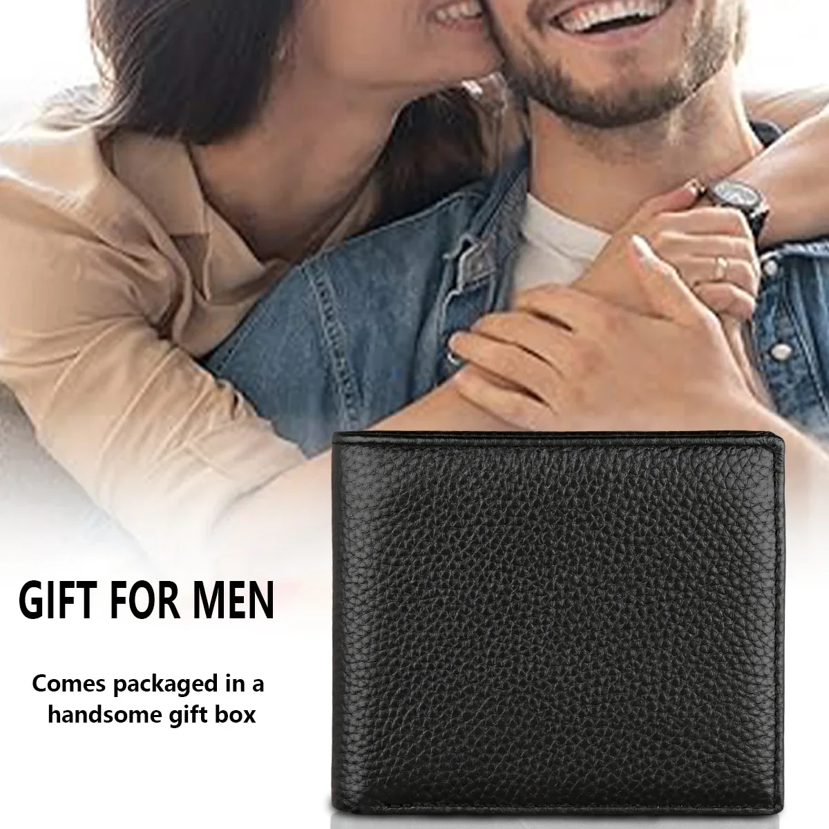 Men's genuine leather RFID bifold wallet with card slots, cash compartment and coin pocket