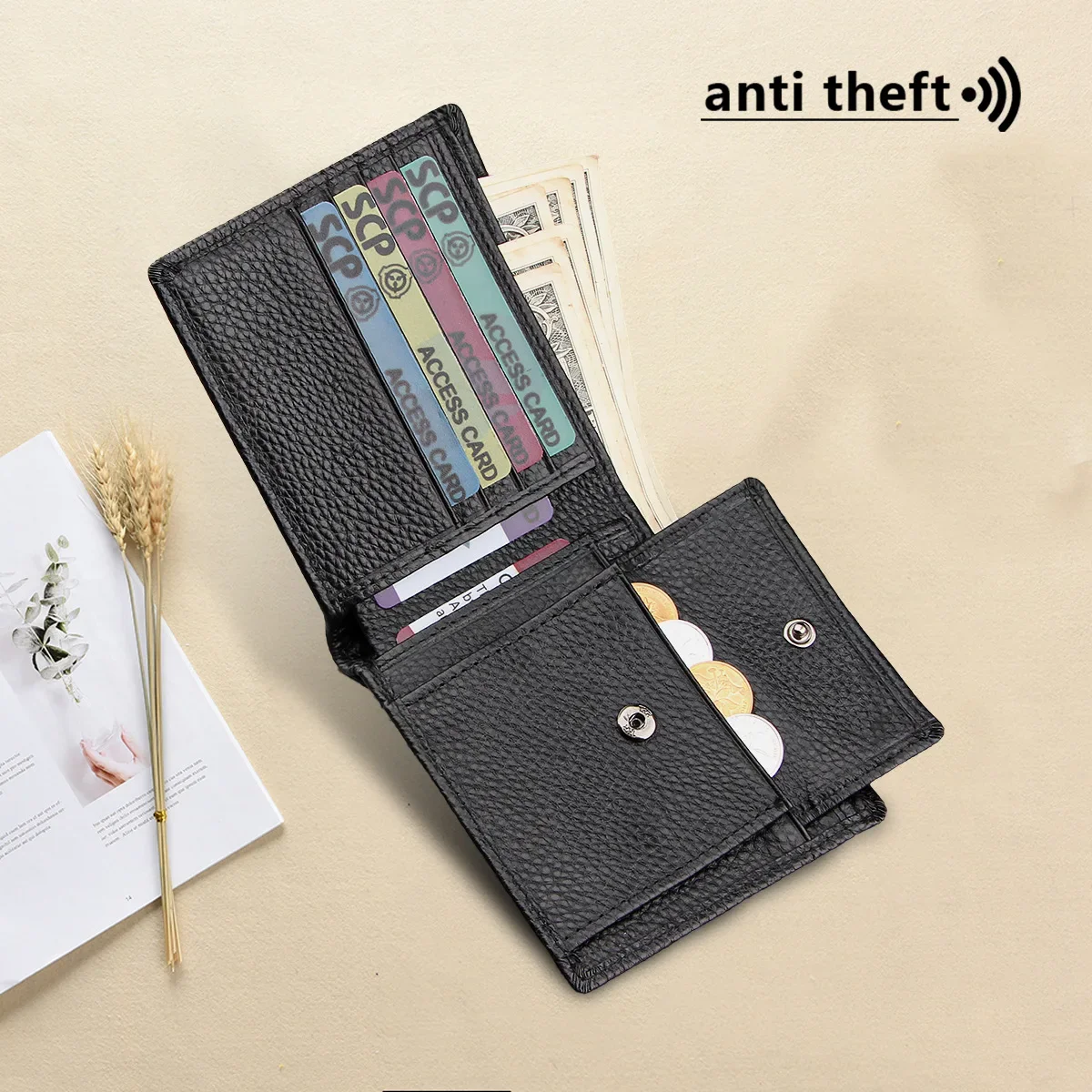 Men's genuine leather RFID bifold wallet with card slots, cash compartment and coin pocket