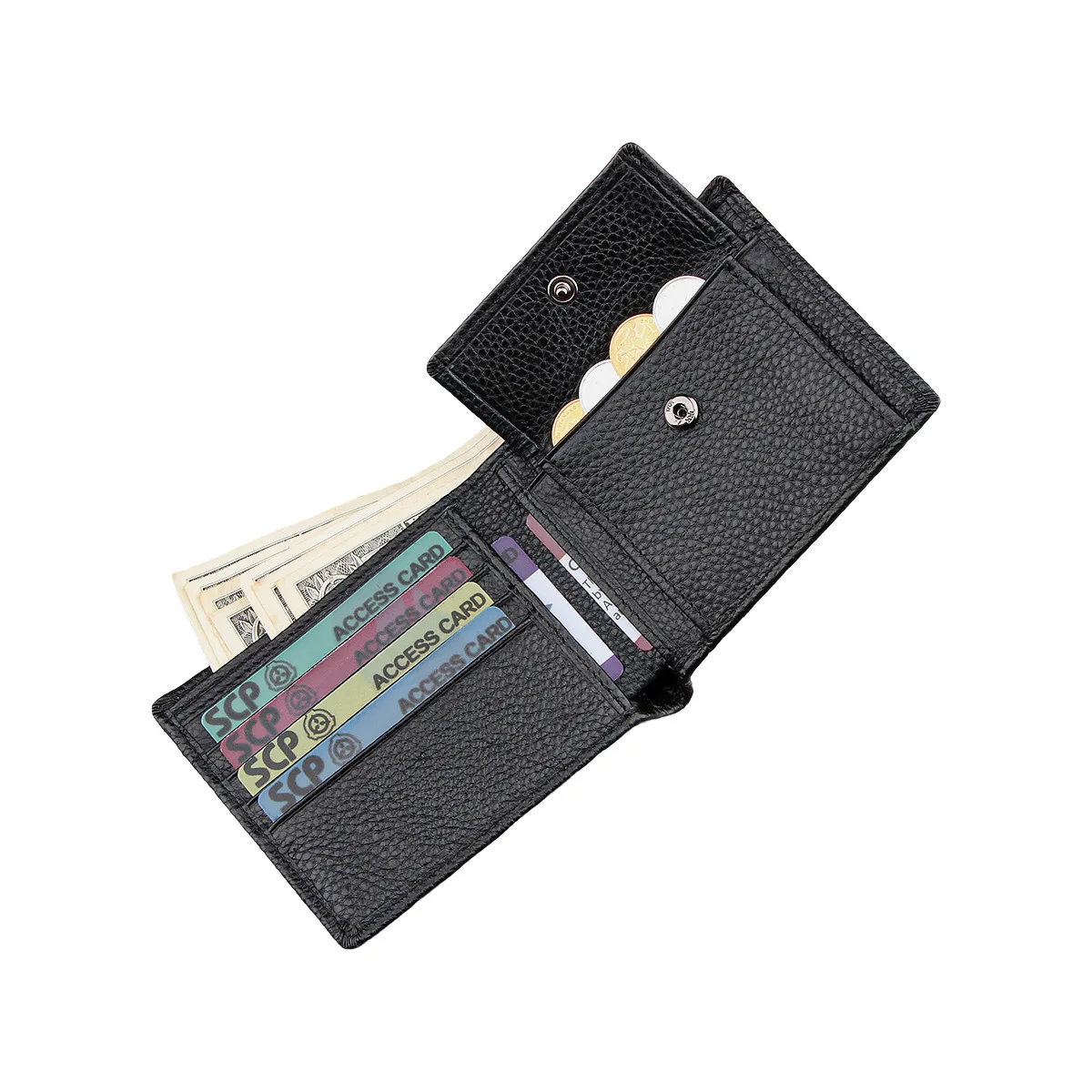 Men's genuine leather RFID bifold wallet with card slots, cash compartment and coin pocket