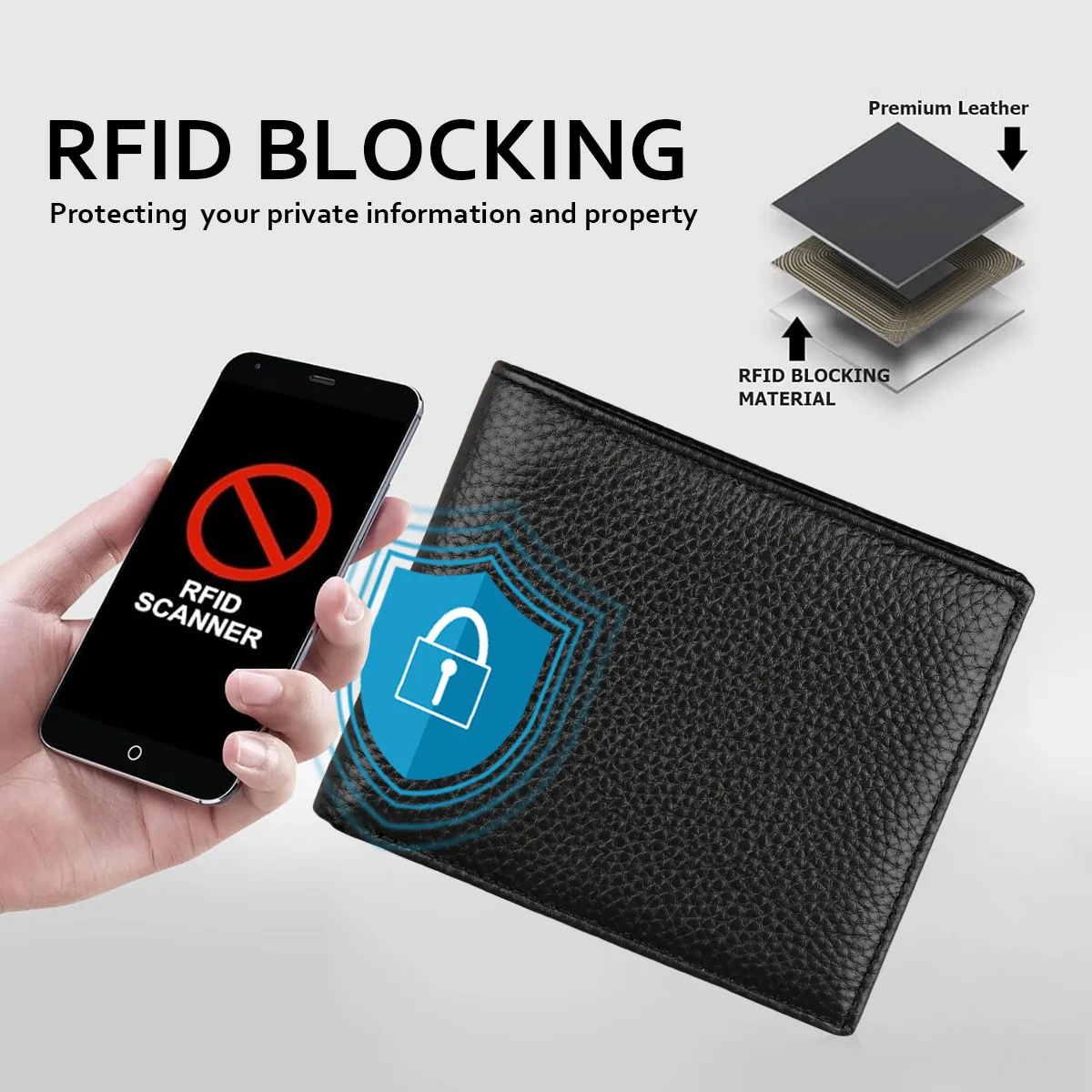 Men's genuine leather RFID bifold wallet with card slots, cash compartment and coin pocket