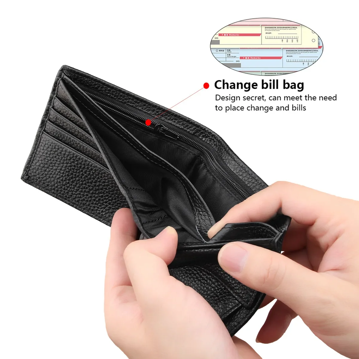 Men's genuine leather RFID bifold wallet with card slots, cash compartment and coin pocket