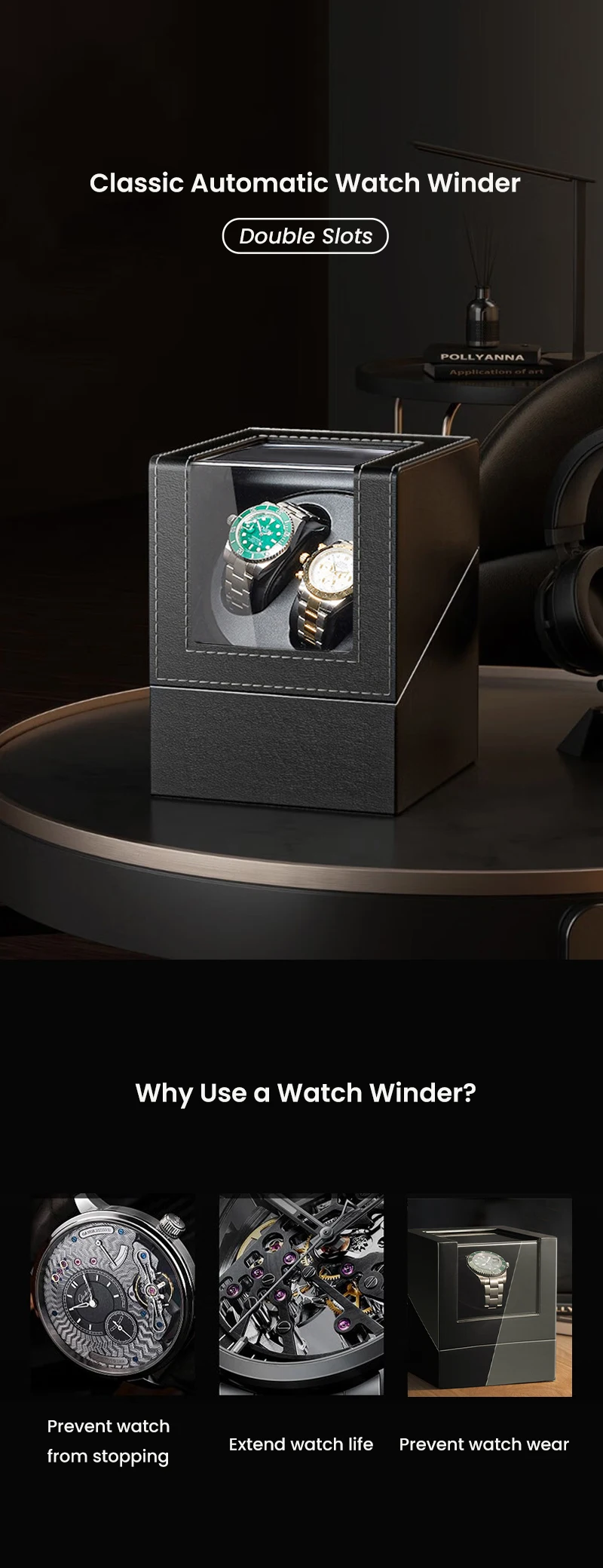 Black double watch winder for two automatic watches